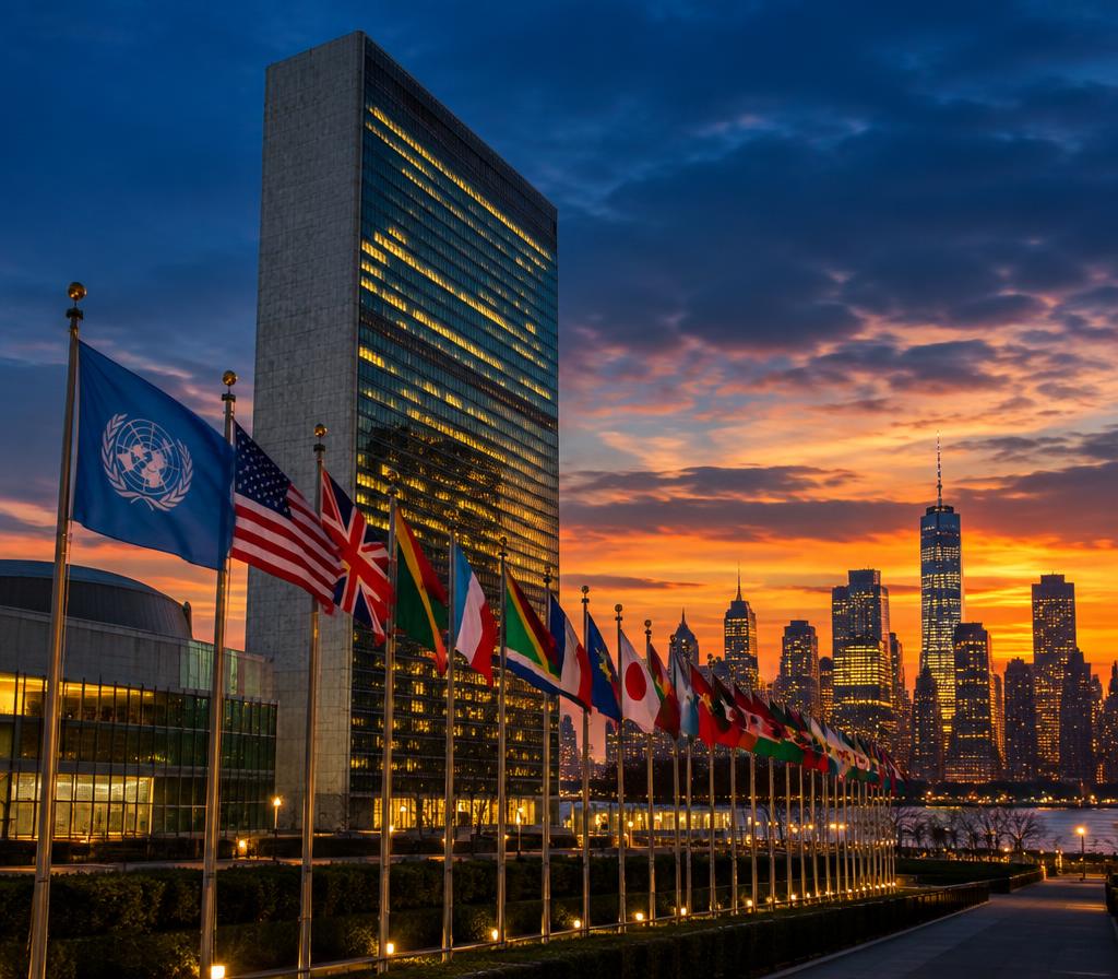 International flags at dusk in Manhattan