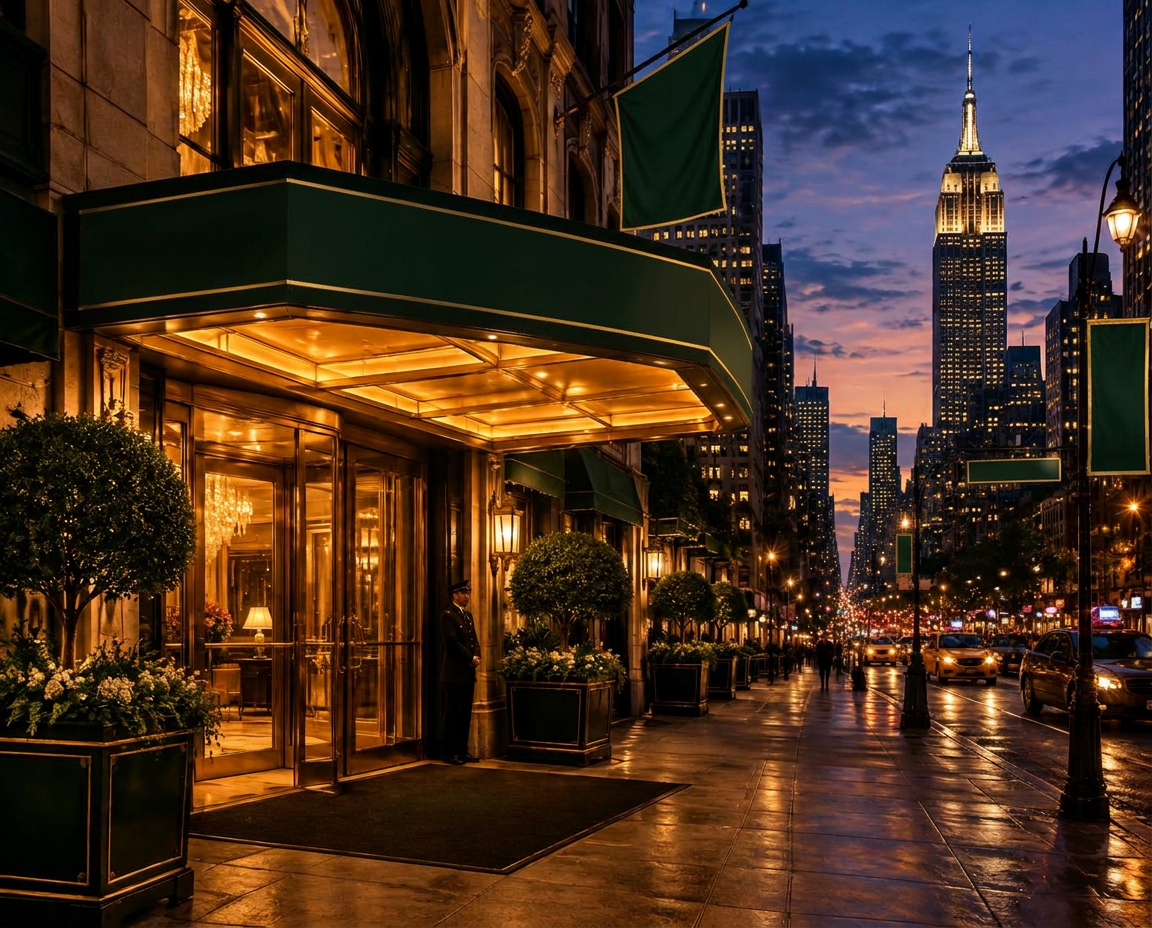 A lit Fifth Avenue entrance at dusk with the Manhattan skyline